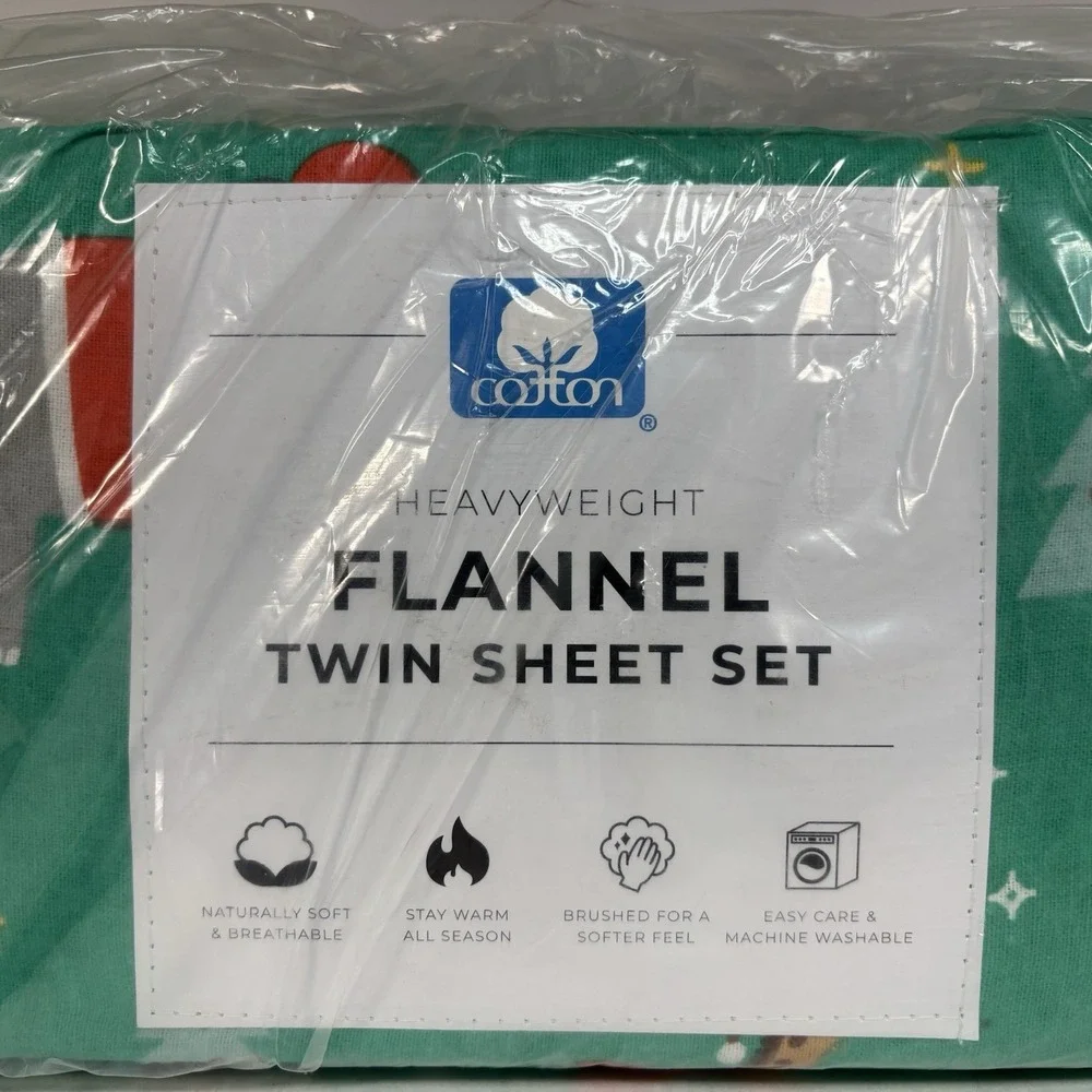 Twin Flannel Sheet Set heavyweight cotton Green Safari Animal Christmas‎ Print
